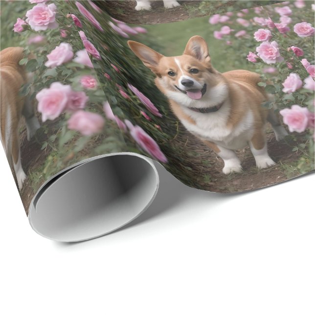 Corgi In The Pink Roses,  Wrapping Paper (Roll Corner)
