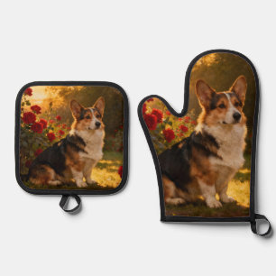 Corgi in the Roses I Oven Mitt & Pot Holder Set