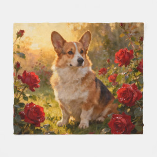Corgi in the Roses III Fleece Blanket