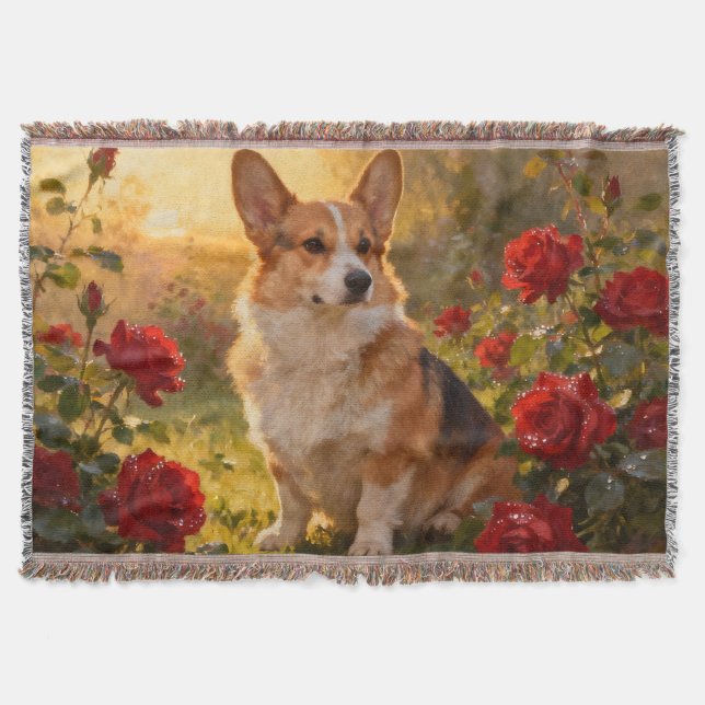 Corgi in the Roses III Throw Blanket (Front)