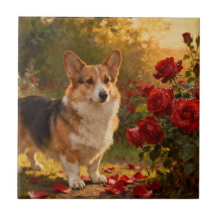 Corgi in the Roses V Ceramic Tile