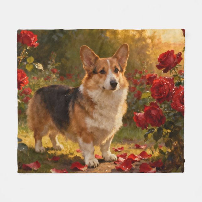 Corgi in the Roses V Fleece Blanket (Front (Horizontal))