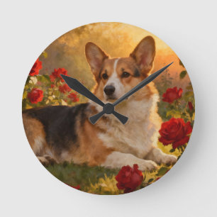 Corgi in the Roses VI Round Clock