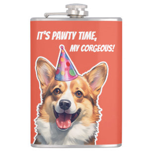 Corgi It's Birthday party time my corgeous Hip Flask