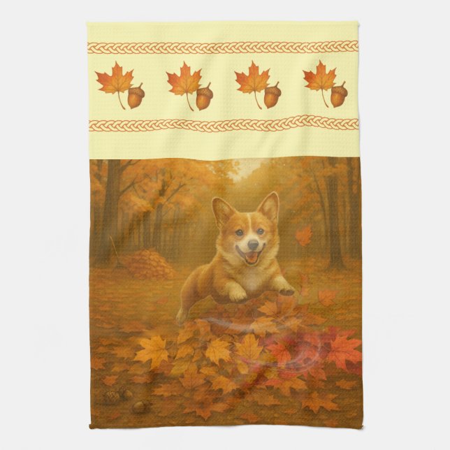 Corgi Leaf Leap Wide Border Kitchen Towels (Vertical)