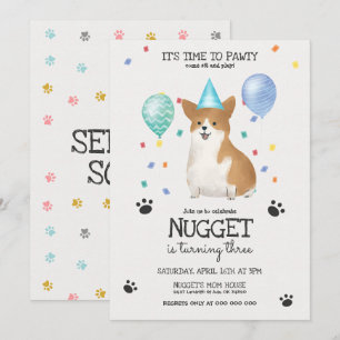 Corgi Lets Pawty Dog Birthday Invitation Blue