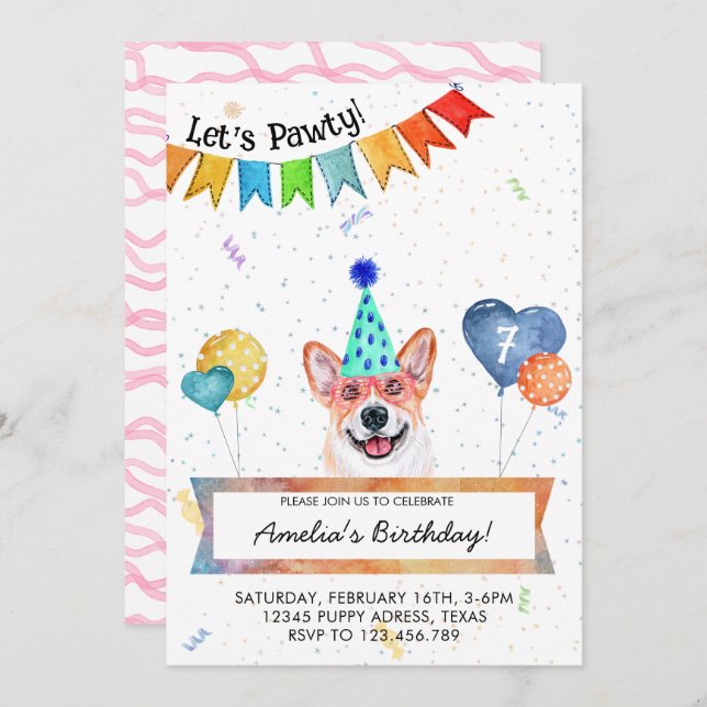 Corgi Lets Pawty Dog Birthday Party Invitation (Front/Back)