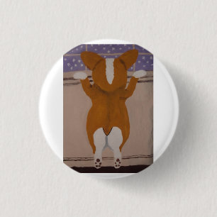 Corgi looking out window 3 cm round badge
