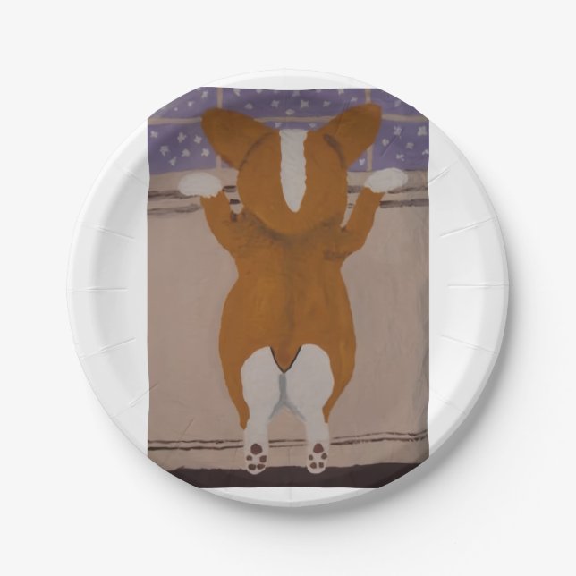 Corgi looking out window paper plate (Front)