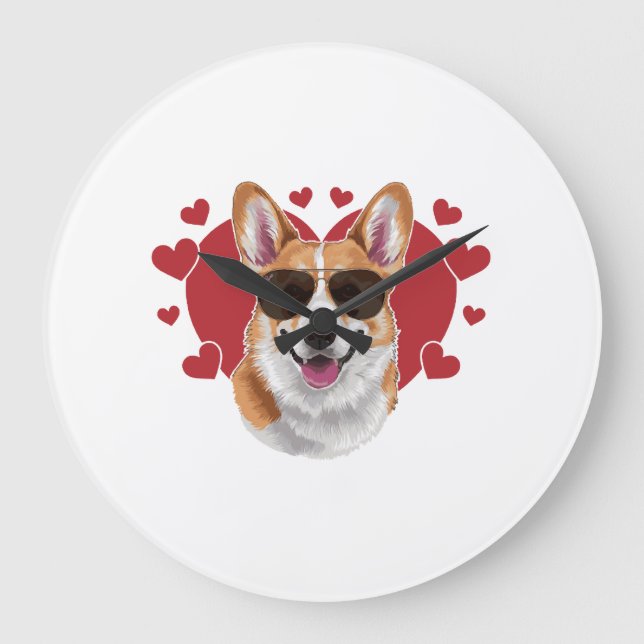 Corgi Love Cool Sunglasses Surrounded by Hearts Large Clock (Front)