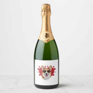 Corgi Love Cool Sunglasses Surrounded by Hearts Sparkling Wine Label