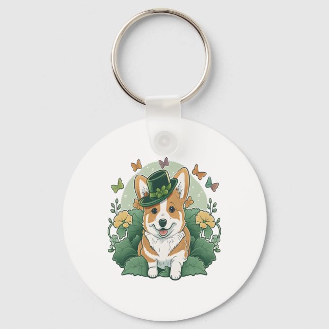 Corgi Lover Shamrock Happy St Patricks Day Key Ring (Front)