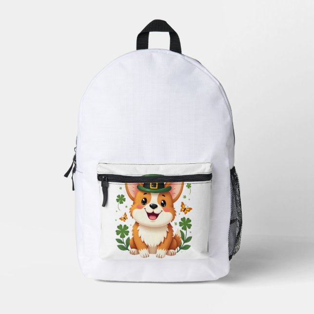 Corgi Lover Shamrock Happy St Patricks Day Printed Backpack (Front)