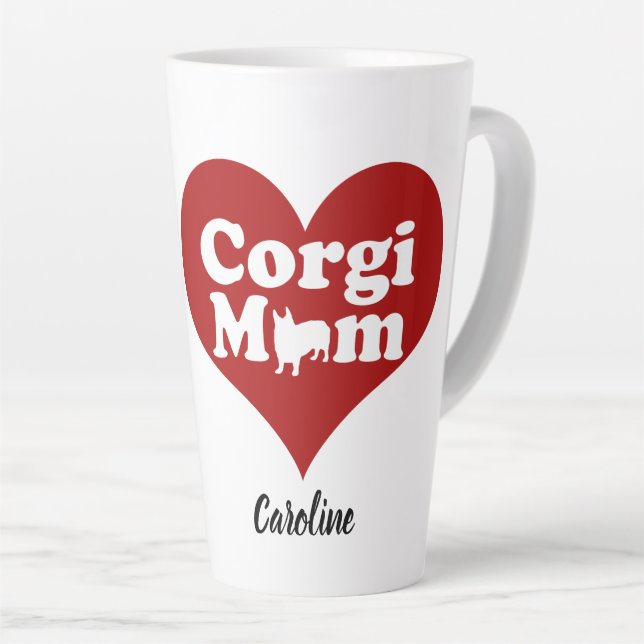 Corgi Mum Cute Red Heart Monogram Latte Mug (Right Angle)