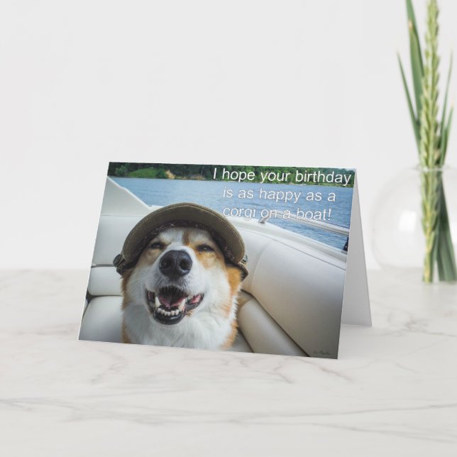 Corgi on a boat birthday card (Front)