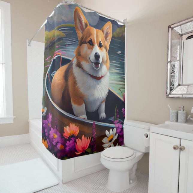 Corgi on a Paddle: A Scenic Adventure Shower Curtain (In Situ)