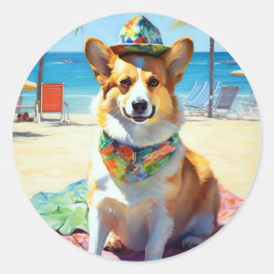 Corgi on Beach, summer gift for dog lovers  Classic Round Sticker