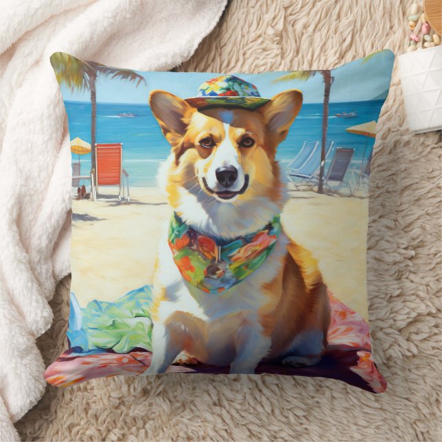 Corgi on Beach, summer gift for dog lovers  Cushion (Blanket)