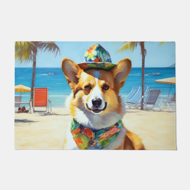 Corgi on Beach, summer gift for dog lovers  Doormat (Front)