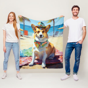 Corgi on Beach, summer gift for dog lovers Fleece Blanket
