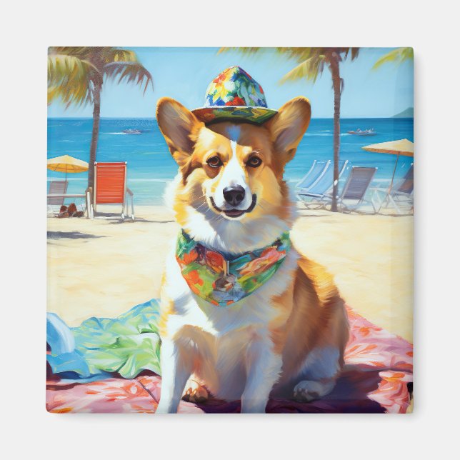 Corgi on Beach, summer gift for dog lovers  Magnet (Front)