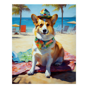 Corgi on Beach, summer gift for dog lovers Poster