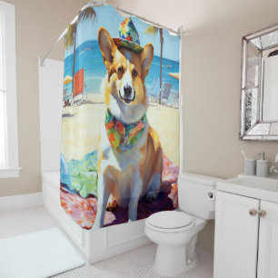 Corgi on Beach, summer gift for dog lovers  Shower Curtain