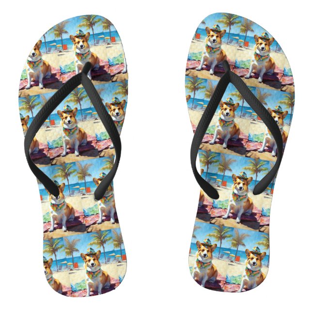 Corgi on Beach, summer gift for dog lovers  Thongs (Footbed)