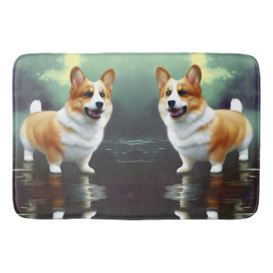 Corgi on water bath mat