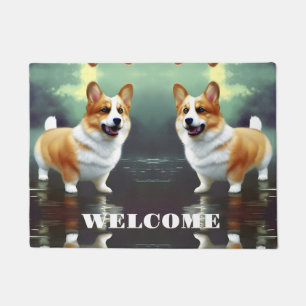 Corgi on water doormat