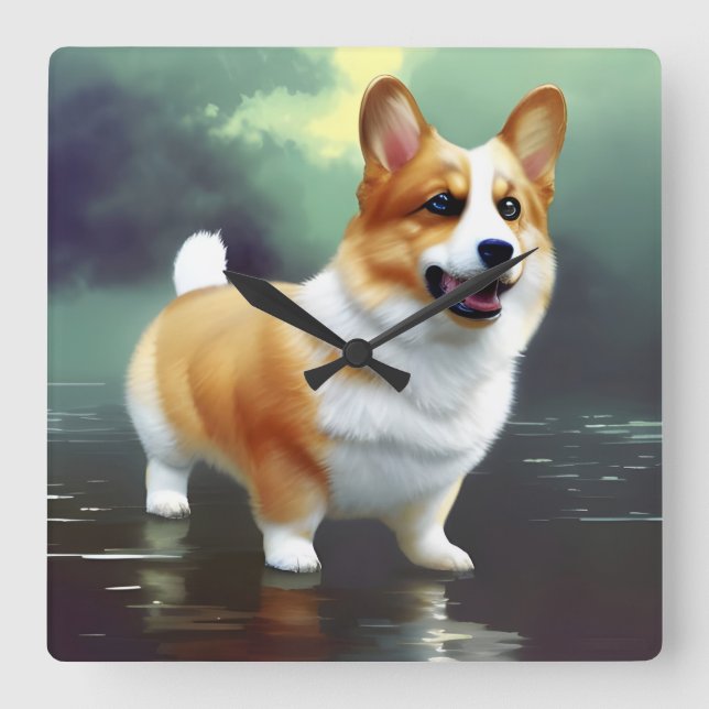 Corgi on water square wall clock (Front)