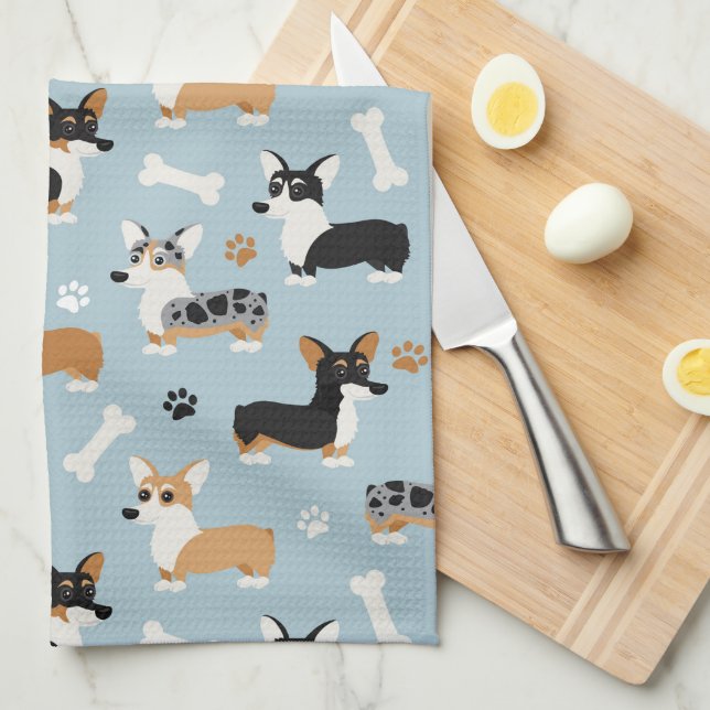 Corgi Pattern Blue Tea Towel (Quarter Fold)