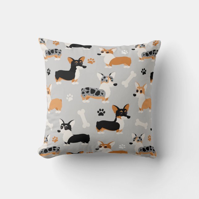 Corgi Pattern Gray Cushion (Front)