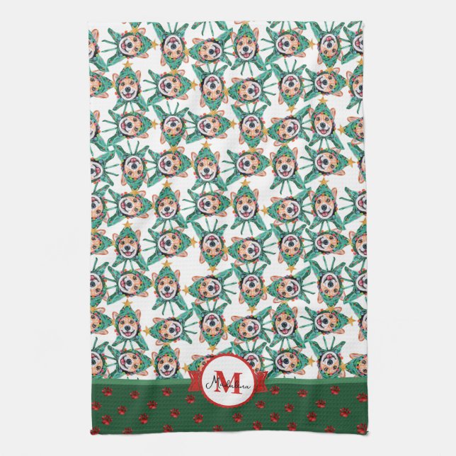 Corgi Pattern Monogram Christmas Dog Kitchen Towel (Vertical)