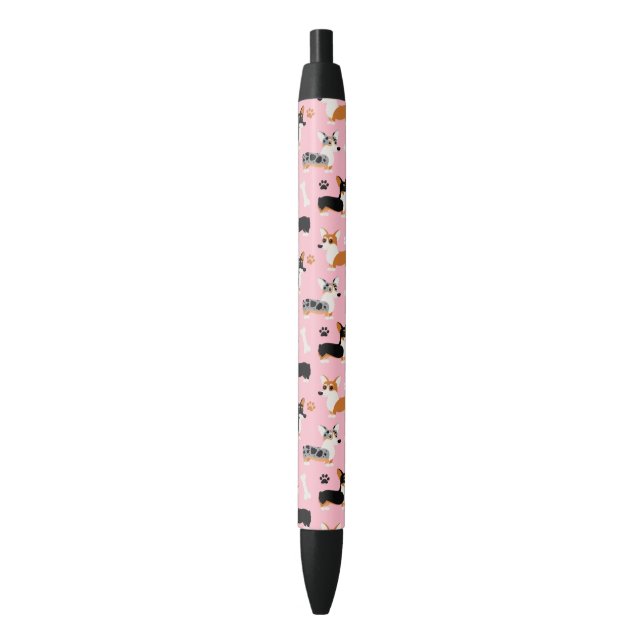 Corgi Pattern Pink Black Ink Pen (Front Vertical)