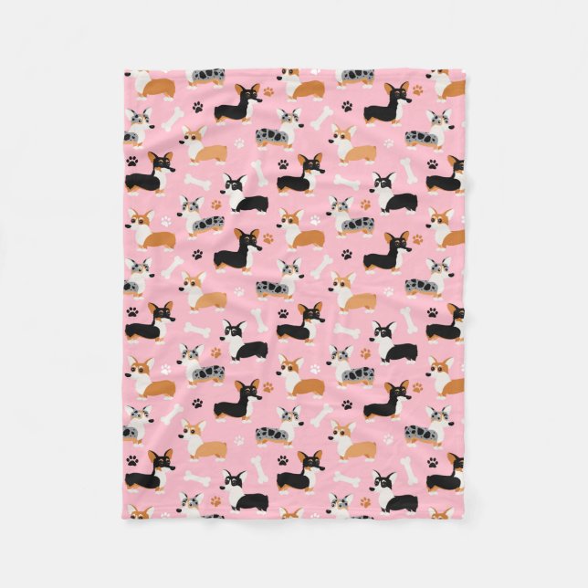 Corgi Pattern Pink Fleece Blanket (Front)