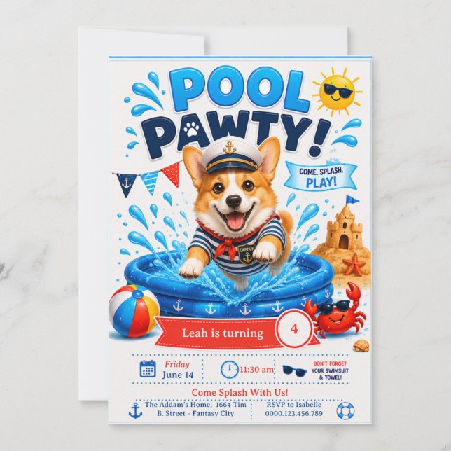 Corgi Pool Party Birthday - Nautical Captain Invitation (Front)