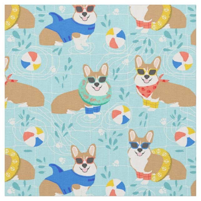 corgi pool party dog fabric (Close Up)