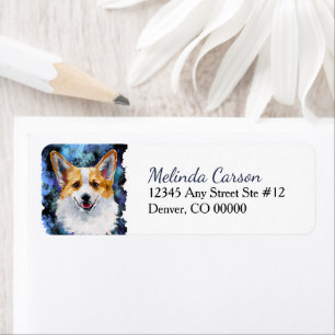 Corgi Portrait on Blue Abstract Return Address Label