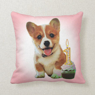 Corgi puppy and first birthday cupcake cushion