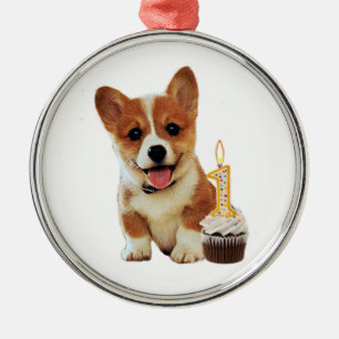 Corgi puppy and first birthday cupcake metal ornament