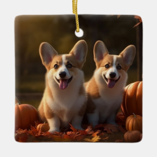 Corgi  Puppy Autumn Delight Pumpkin  Ceramic Ornament (Front)