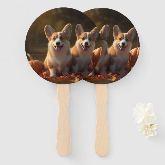 Corgi  Puppy Autumn Delight Pumpkin  Hand Fan (Front and Back)