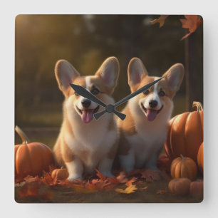 Corgi  Puppy Autumn Delight Pumpkin  Square Wall Clock