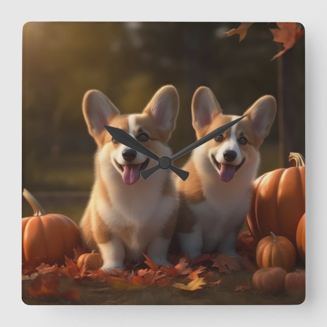 Corgi  Puppy Autumn Delight Pumpkin  Square Wall Clock (Front)