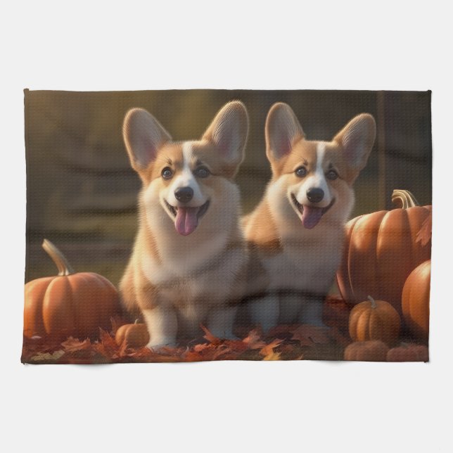 Corgi  Puppy Autumn Delight Pumpkin  Tea Towel (Horizontal)