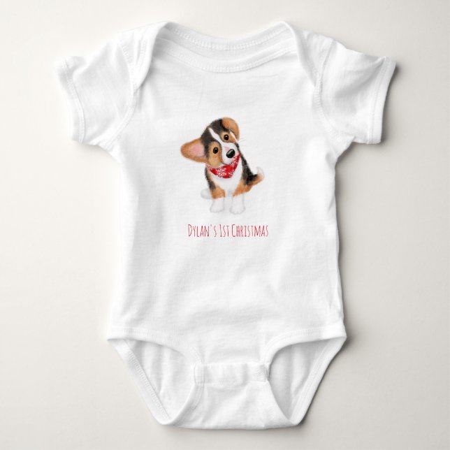 Corgi puppy baby's 1st Christmas bodysuit (Front)