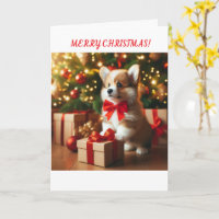 Corgi puppy by the Christmas tree.