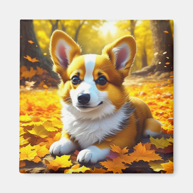 Corgi Puppy Dog Playing in the Autumn Leaves Magnet (Front)