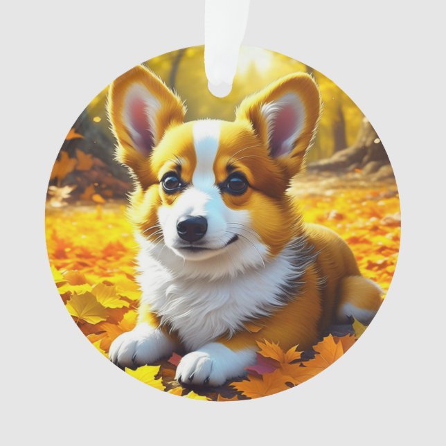 Corgi Puppy Dog Playing in the Autumn Leaves Ornament (Front)